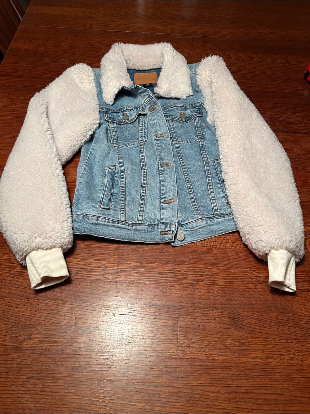 Sanctuary Light Wash Denim Jacket with White Sherpa Sleeves